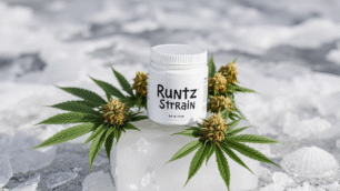 Runtz strain in a white jar placed on the ice with cannabis leaves.