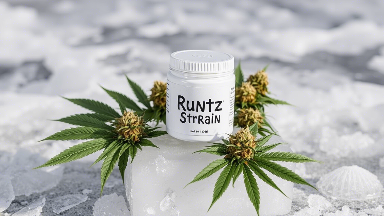 Runtz strain in a white jar placed on the ice with cannabis leaves.