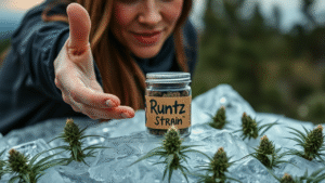 a woman stretching her hand to pick the jar of Runtz Strain.