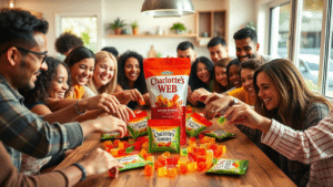 Many men and women taking Charlotte’s Web Gummies placed on table.