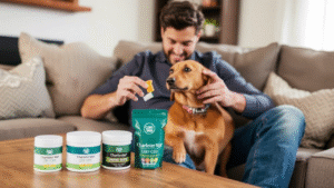 A man with his dog and Charlotte’s Web products on table.