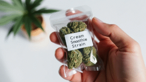 a man is holding cream smoothie strain in a plastic bag in his hand