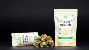 cream smoothie strain inside a plastic bags with cannabis weed