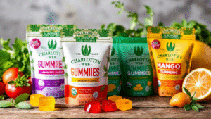 many varieties of Charlotte’s Web Gummies in plastic packs.