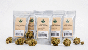 cream smoothie strain inside a plastic bags with cannabis weed around