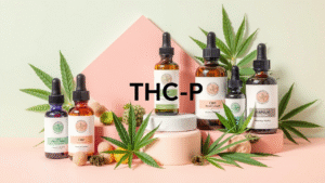 THC-P products and cannabis leaves around.