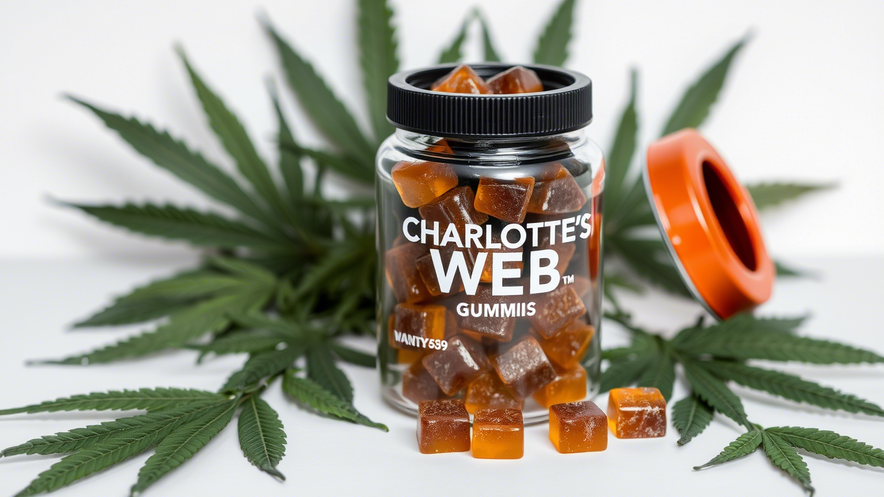 A glass jar with Charlotte’s Web Gummies inside and cannabis leaves around