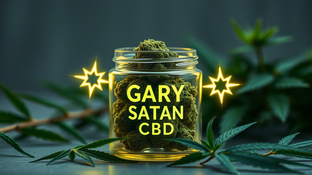 A plastic jar having Gary Satan Strain in it and there are cannabis leaves around.