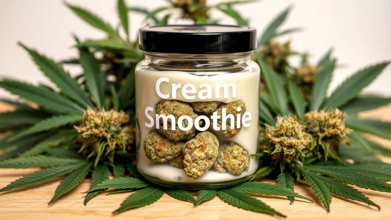 A glass jar having cream smoothie strain inside and cannabis leaves around.