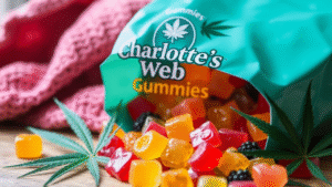 Yellow and red Charlotte’s Web Gummies with som cannabis leaves