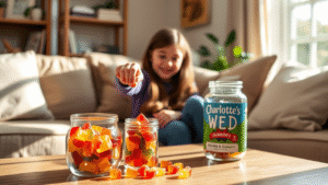Agirl sitting on sofa and taking Charlotte’s Web Gummies inside the glass jar placed on table.