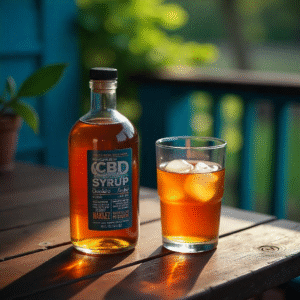 A bottle of cbd syrup on a rustic wooden table 