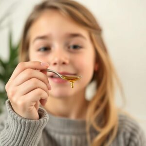A girl having cbd syrup in the spoon 
