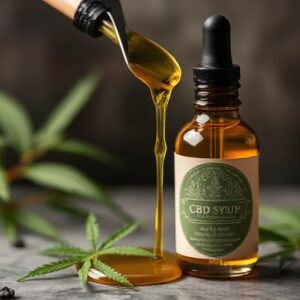 A bottle of CBD syrup with a dropper, surrounded by cannabis leaves.
