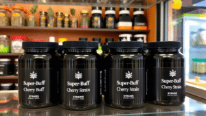 Four Super Buff Cherry Strain jars placed in a store.