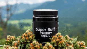 A black jar, Super Buff Cherry Strain is written on it, with cannabis weeds around