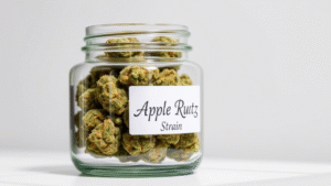 glass jar having Apple Runtz strain weed in it.