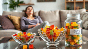 A woman is taking rest sitting on the sofa and there are two glass bowl one glass jar with 1000 mg edible inside.