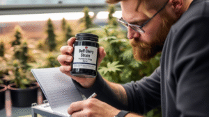 A man is holding super cherry buff strain jar in his band and writing something on the register.