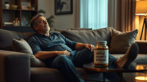 A man taking rest on the sofa and Apple Runtz strain jar placed on the table.