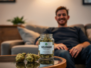 a man sitting on sofa and Gelonade strain placed on a side by table.