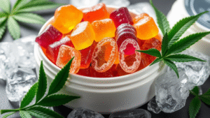 A white plastic bowl with colorful 1000 mg edible inside ,cannabis leaves and ice cubes around.