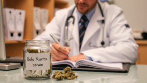 A doctor writing something on the register with a glass jar Bolo Runtz Strain written on it and some canabis weeds placed on the table.