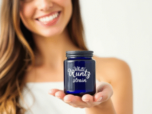 A woman has  a blue jar of White Runtz Strain on her palm.