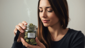 a woman smells the opened class jar of Bolo Runtz Strain