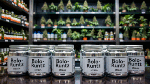 Bolo Runtz Strain jars in a cannabis store.