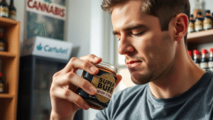 A man is smelling super cherry buff strain in a glass jar.
