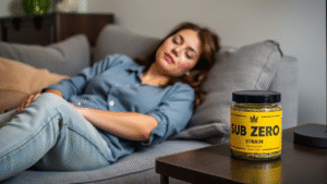A woman resting on a sofa with a jar of yellow Sub Zero Strain placed on the table beside her. 