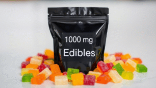 A black plastic bag 1000 mg edible is written over it with colorful gummies