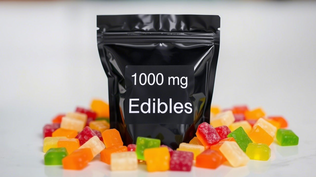 A black plastic bag 1000 mg edible is written over it with colorful gummies