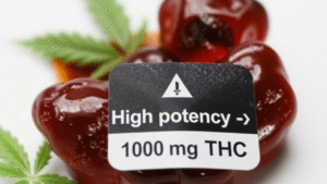 Red 1000 mg edible with cannabis leaves