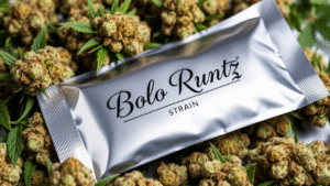 A silver pack of Bolo Runtz strain with some cannabis leaves and weeds around.