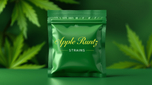  A green pack of Apple Runtz strain with some cannabis leaves around.