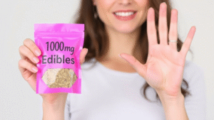 A woman holds pink plastic pack of 1000 mg edible in her hand.