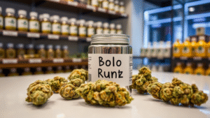 a silver jar of Bolo Runtz Strain placed in a cannabis store with some cannabis weeds.