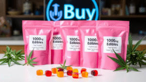 Five pink plastic packs of 1000 mg edible with colorful gummies around.