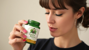 a woman smells Apple Runtz strain in a green glass jar.