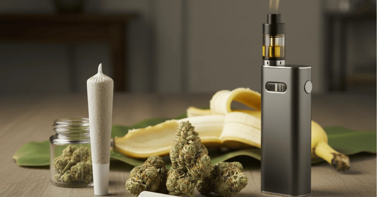  A table set with a vape, a banana, and a glass jar, illustrating a simple and casual arrangement of cannabis items.