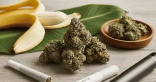 A banana with marijuana leaves and a bowl of cannabis on a table, showcasing a unique combination of items.