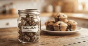 A blueberry muffin displayed in a clear jar, showcasing its fluffy texture and vibrant blueberries.