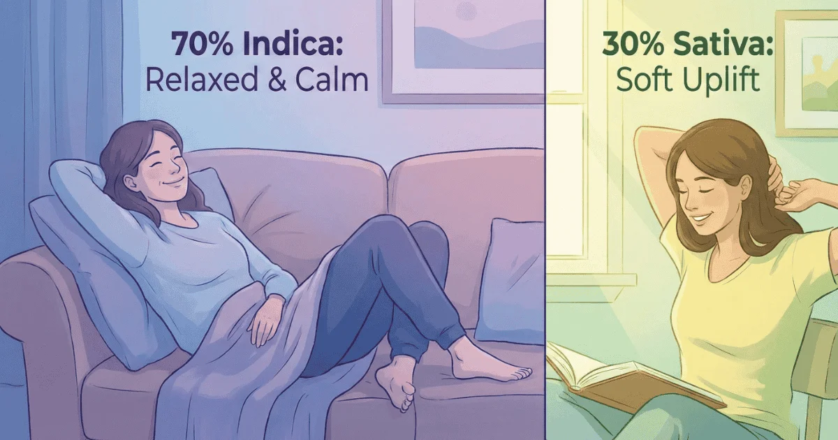 Illustration of a 70% indica and 30% sativa strain showing a relaxed woman on a couch for indica calm and a cheerful woman reading for sativa uplift.