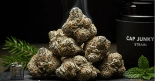 A close-up of a pile of marijuana buds next to a bottle labeled "Cap Junkie," showcasing cannabis and product packaging.