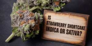 Visual representation of Strawberry Shortcake cannabis strain, questioning whether it is indica or sativa.