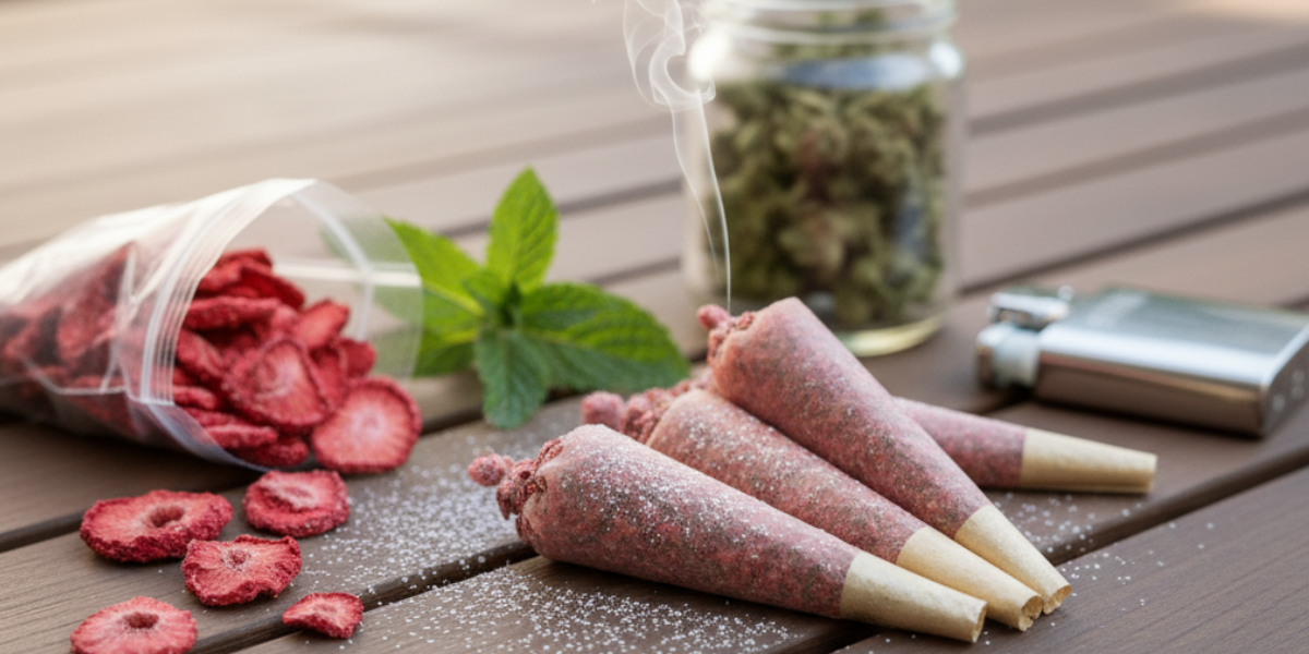 Four pinkish, cone-shaped cannabis pre-rolls dusted with white powder, resting on a wooden table outdoors. Next to them are dried strawberry slices,and a glass jar of cannabis strain, and a silver vaporizer or lighter. Smoke rises from the pre-rolls.