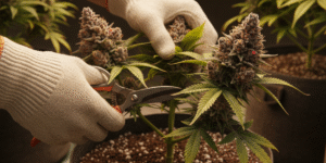 A person wearing gloves is harvesting a cannabis plant, focusing on the cutting process in a cultivation area