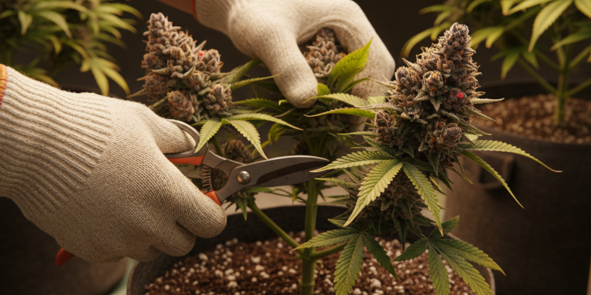 A person wearing gloves is harvesting a cannabis plant, focusing on the cutting process in a cultivation area